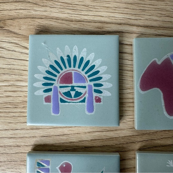 Southwestern Native American Petroglyph Style Tile Coasters Pastel Made In Japan - Picture 2 of 8